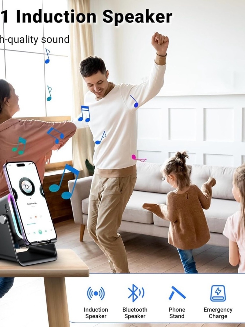 Induction Speaker With Phone Stand 5 In 1 Wireless Bluetooth Audio  WI-FI, Black - Picture 2 of 16